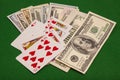 Royal Flush Hearts And Dollar Money On Green Felt Royalty Free Stock Photo