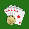 A royal flush of hearts with gold poker chip on green background Royalty Free Stock Photo