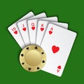 A royal flush of hearts with gold poker chip on green background, winning hands of poker cards Royalty Free Stock Photo
