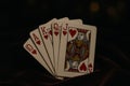 Royal flush of hearts playing cards on dark background Royalty Free Stock Photo