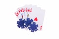 Royal Flush of hearts with poker chips Royalty Free Stock Photo
