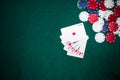 Royal flush playing card casino chips green poker background. High quality and resolution beautiful photo concept Royalty Free Stock Photo