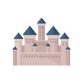 Royal fortress with towers and conical roofs. Large medieval castle. Flat vector for postcard, mobile game or children