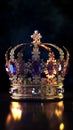 Royal gold coronation crown with jewels and diamonds against a blue & purple background. Royalty Free Stock Photo