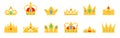 Royal gold crowns icons. Coronation crown, kids and adult kings decoration. Queen tiara, victory symbols set. Decent