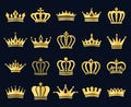 Royal gold king crowns icon silhouette, heraldic crown elements. Vintage royalty symbol, golden queen diadem, princess