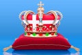 Royal golden crown on pillow with the Kingdom of Denmark flag, 3D rendering