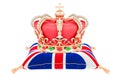 Royal golden crown on pillow with the United Kingdom flag. Coronation concept, 3D rendering