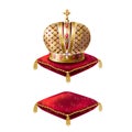 Royal golden crown on red velvet pillow Royalty Free Stock Photo