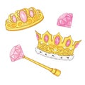 Royal golden crown, scepter and diamond