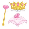 Royal golden crown, scepter and diamond on royal pillow set