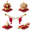 Royal golden crowns, fanfares, scepter and orb Royalty Free Stock Photo