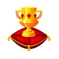Royal Golden Cup on Red Velvet Pillow, vector icon. Trophy award cup, the gold prize champion wins victory Royalty Free Stock Photo