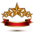 Royal golden symbolic five stylized glossy stars with red curvy