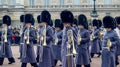 London / England - 02.07.2017: Royal Guard Music parade marching at the Buckingham Palace. Trumpet players squad. Royalty Free Stock Photo