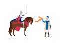 Royal herald with trumpet and knight on horse flat vector illustration. Medieval cartoon characters. Cavalier and old