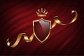 Royal heraldic emblem on curtain, realistic 3d blazon from shield, golden crown, ribbon
