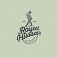 Royal Hussar logo. Whiskey emblem. Premium whiskey label. Engraved illustration of brave hussar and vintage lettering.