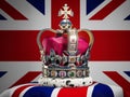 Royal imperial state crown on UK flag background. Symbols of Great Britain UK United Kingdom monarchy