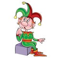 Royal jester in funny clothes and a cap with bells sits on a step, cartoon illustration, isolated object on a white background,