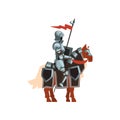Royal Knight Sitting On Horse With Red Flag And Shield In Hand. Brave Warrior In Steel Shiny Armor. Flat Vector Design