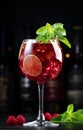 Royal lemonade alcoholic cocktail drink with tequila, dry gin, white rum, vodka, liquor, lime, raspberries and ice in wine glass. Royalty Free Stock Photo