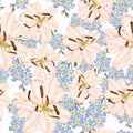 Royal lilies Christmas winter rose floral seamless pattern texture. White lilies flowers with blue forget-me-not flowers.