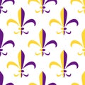 Royal lily heraldic emblem of mardi gras purple and yellow seamless pattern, vector Royalty Free Stock Photo