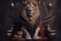 Royal lion king in sitting on a red throne. Generative AI Royalty Free Stock Photo