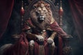 Royal lion king in sitting on a red throne. Generative AI Royalty Free Stock Photo