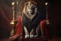 Royal lion king in sitting on a red throne. Generative AI Royalty Free Stock Photo