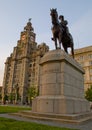 The Royal Liver Building on the Pierhead at Liverpool, UK and Equestrian statue of King Edward VII Royalty Free Stock Photo