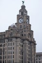 A Royal Liver building tower at the Liverpool pier head on the river Mersey