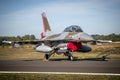 Royal Norwegian Air Force F-16 fighter aircraft in the colors of a World War 2 Spitfire fighter aircraft on the tarmac of Kleine-
