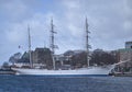 Bergen, Norway - 13th April 2011: The Royal Norwegian Navy Training Barque the Statsraad Lenmukl, a 3 Masted Tallship moored up. Royalty Free Stock Photo