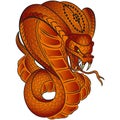 Royal orange-brown snake cobra attacks with an open hood and open mouth. Design is suitable for modern tattoos