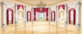 Royal palace ballroom interior background, medieval castle hall, marble pillar, chandelier, window arch.