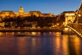 Royal Palace and Chain bridge over Danube river twilight view in Budapest