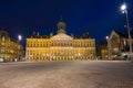 The Royal Palace in Dam Square in the night scenery. Amsterdam, Netherlands Royalty Free Stock Photo