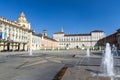 Royal Palace Palazzo Reale and San Lorenzo church building, Torino city with clear blue sky, Piedmont, Italy