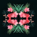 Royal palm hand drawn tropical jungle, realistic vector island rectangle pattern with pink hibiscus flowers and exotic palm