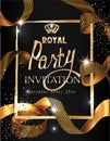 Royal party invitation card with gold curly ribbon, textured frame and crown