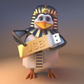 Royal penguin pharaoh Tutankhamun holding a golden USB thumb drive memory stick, 3d illustration Royalty Free Stock Photo