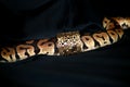 Royal Python snake with female jewelry. Ball Python slithering across black cover of bed and crawling through gold bracelet.