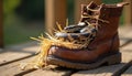 Royal python snake rests comfortably inside a brown leather boot with straw. Reptile has intricate patterns. Unique composition Royalty Free Stock Photo