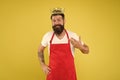 Royal recipe. Man king cook wear cooking apron and golden crown. Kitchen is my kingdom. Ideas and tips. Chief cook and