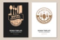 Royal Restaurant poster design. Vector Illustration. Vintage graphic design for logotype, label, badge with crown, plate