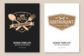 Royal Restaurant poster design. Vector Illustration. Vintage graphic design for logotype, label, badge with crown, plate