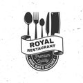 Royal Restaurant shop, menu logo. Vector Illustration. Vintage graphic design for logotype, label, badge with crown