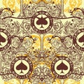 Royal seamless pattern with floral ornament, spades and crowns